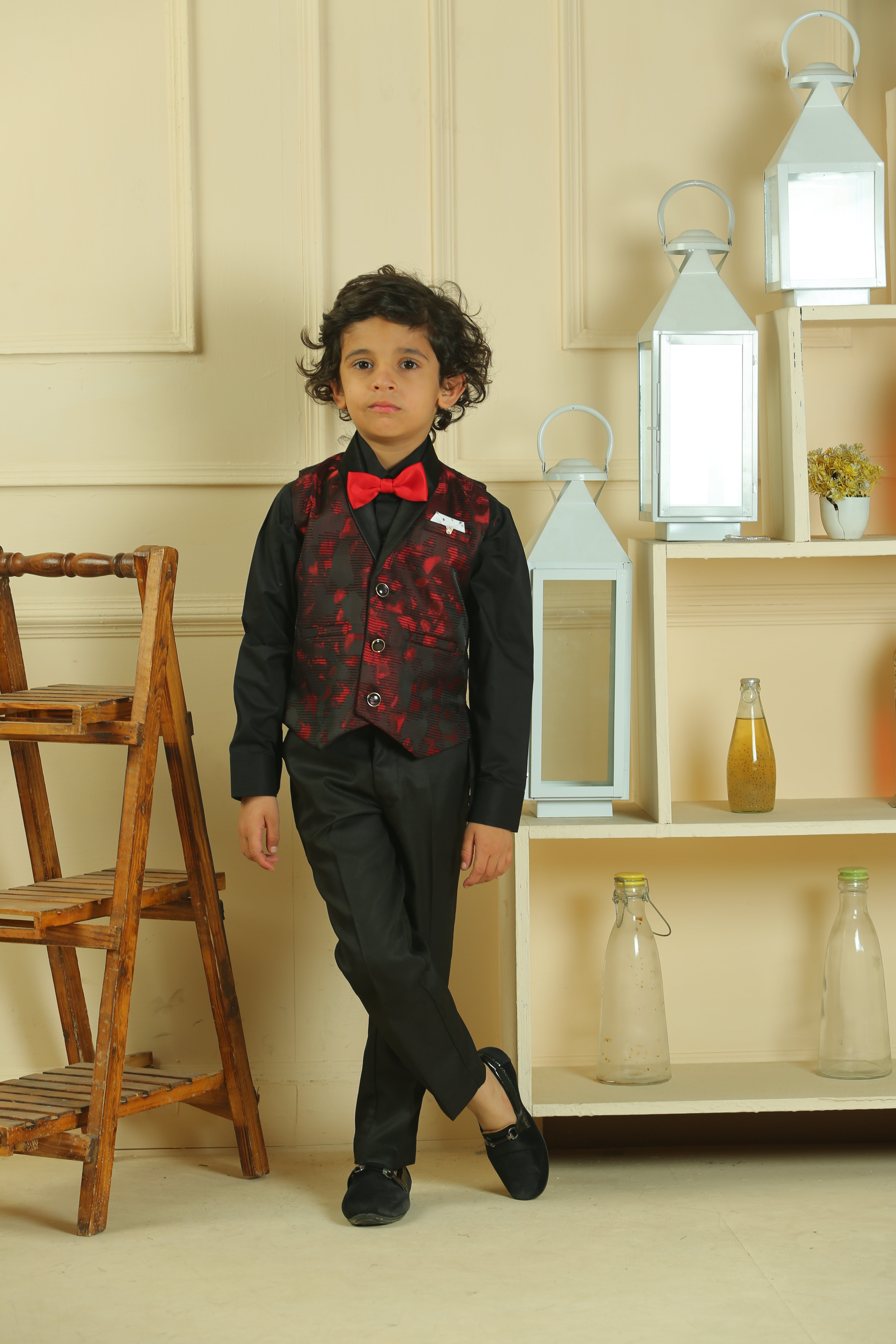 MARRON TEXTURE TUEXEDO JACKET SHIRT FOR BOYS