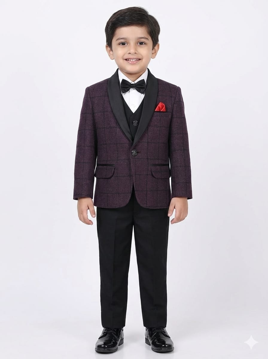 MARRON CHECKS TUEXEDO 5 PCS WITH COTY PANT