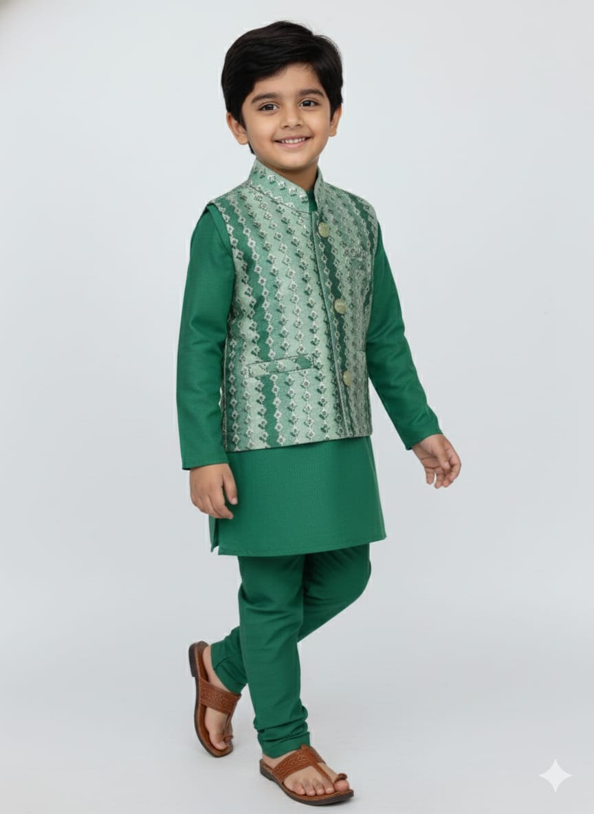 GREEN KURTA SET ZIG ZAG EMBROIDERY COTY