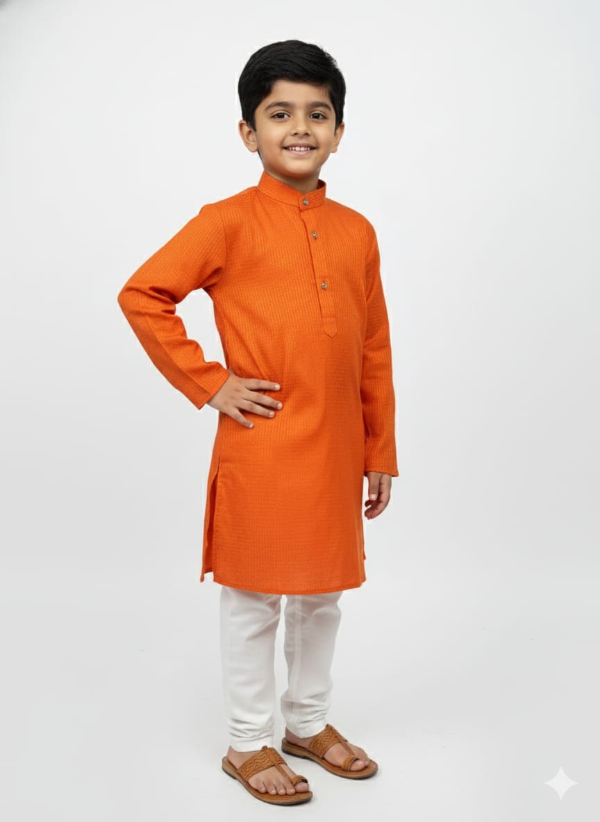 ORANGE SELF TEXTURE COTTON KURTA PANT SET FOR BOYS