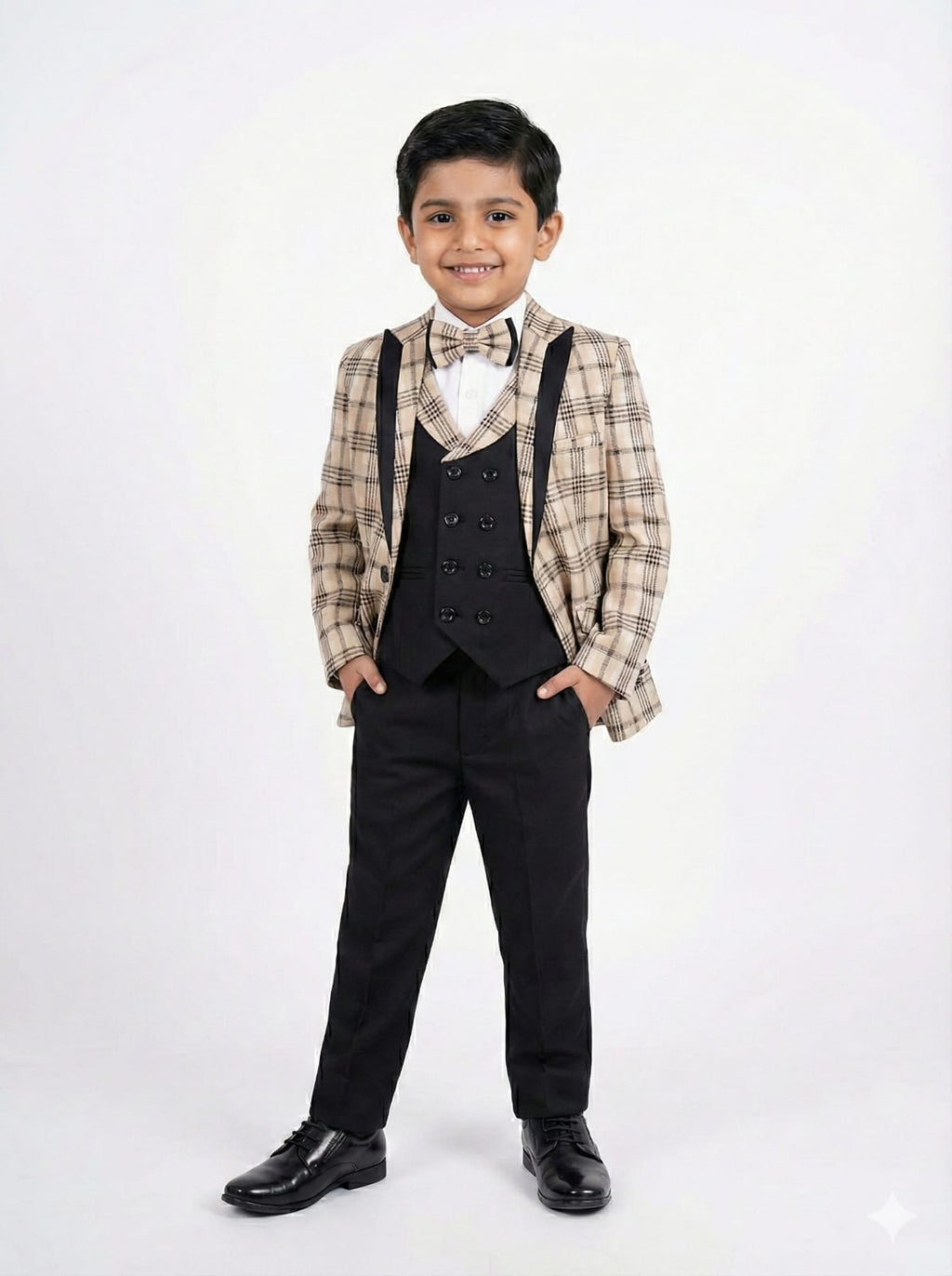 FAWN CHECKS SUIT WITH BLACK COTY PANT BOYS