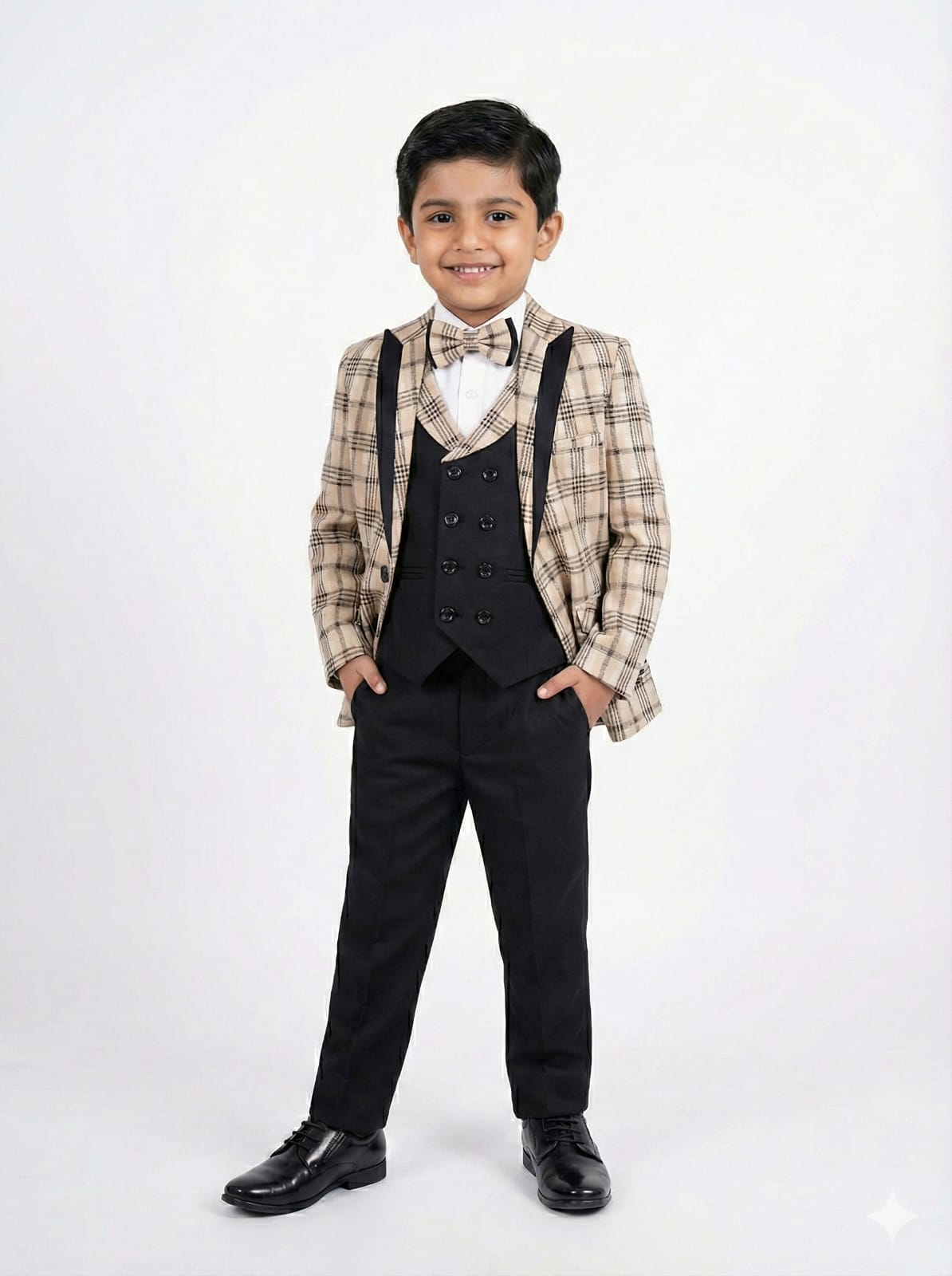 FAWN CHECKS SUIT WITH BLACK COTY PANT BOYS