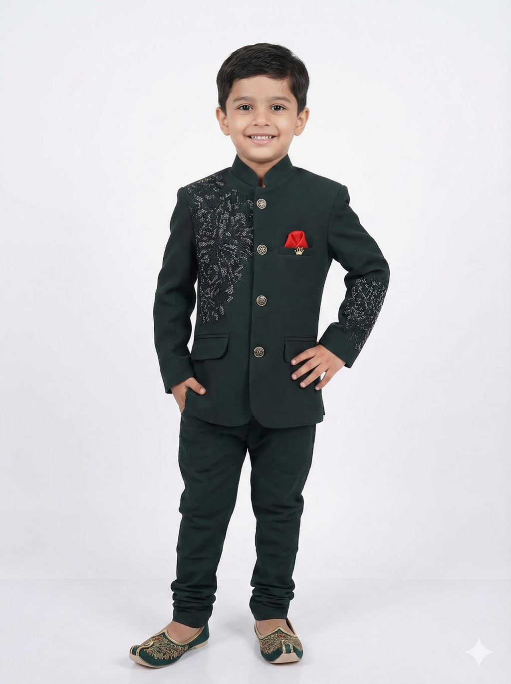 GREEN STONE BEADS JODHPURI SUIT FOR BOYS