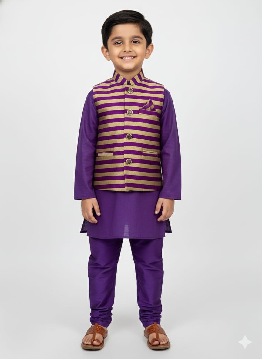 PURPLE STRIPES NEHRU JACKET KURTA SET FOR KIDS