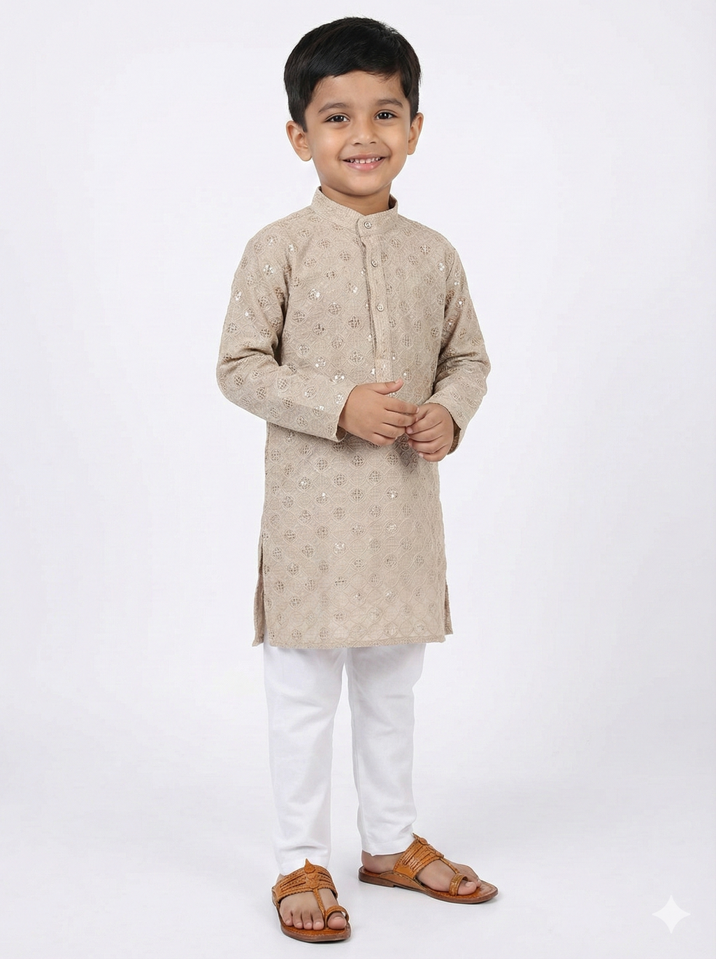 GRAY CHIKANKARI SCHIFFLI KURTA AND PANT SET FOR BOYS