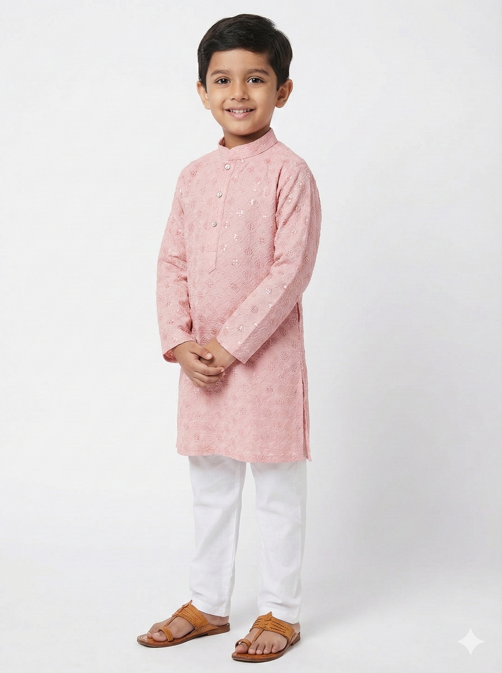 PEACH BOYS CHIKANKARI SCHIFFLI KURTA AND PANT SET