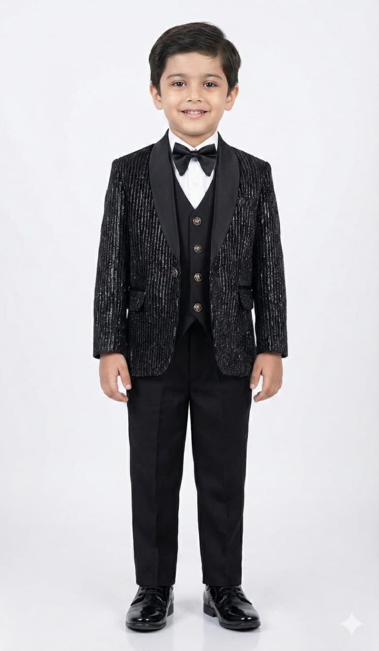 BLACK VELVET STRIPES TUEXEDO 5 PCS SET FOR BOYS
