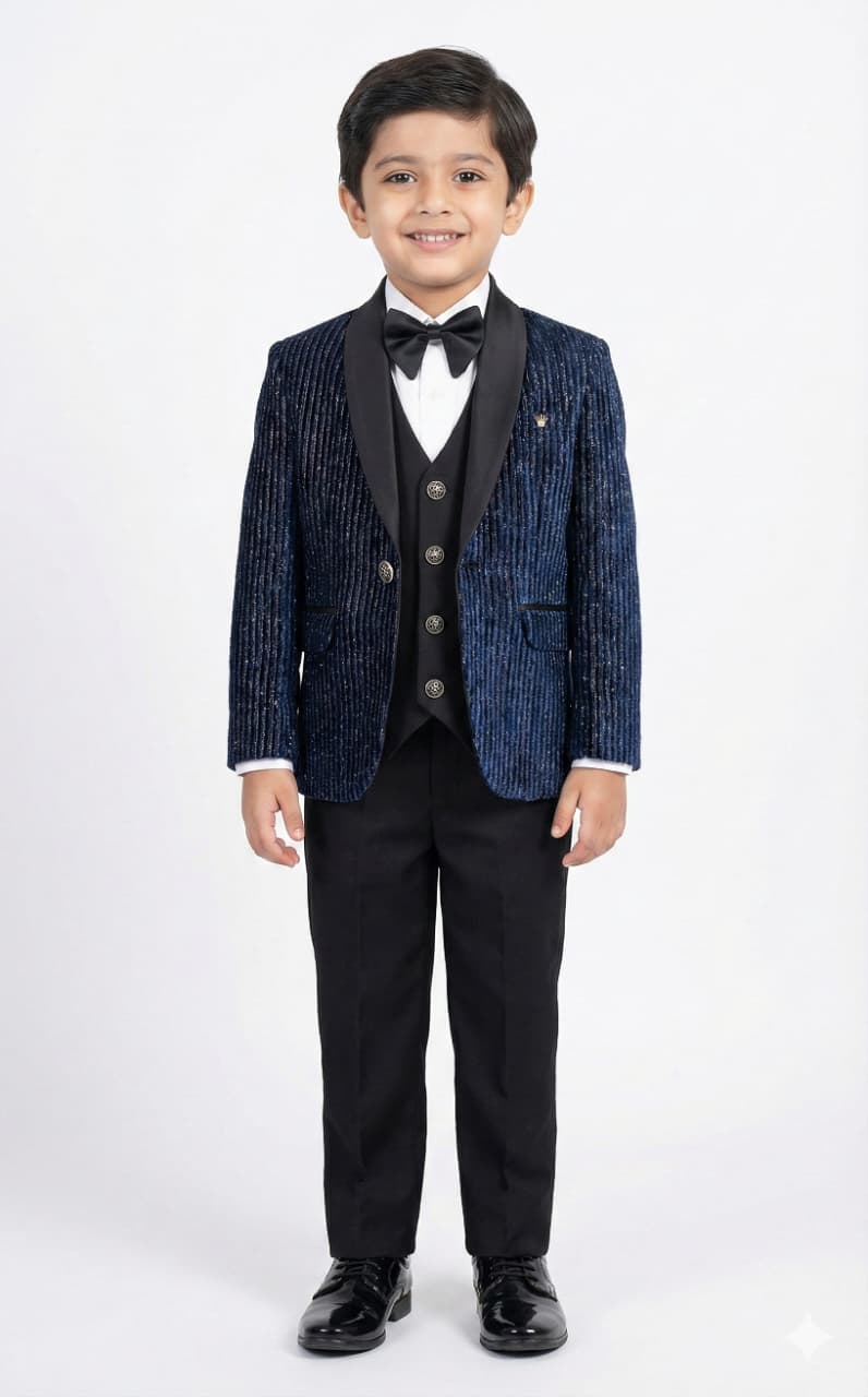 PARTY WEAR VELVET STRIPES NAVY 5 PCS SUIT