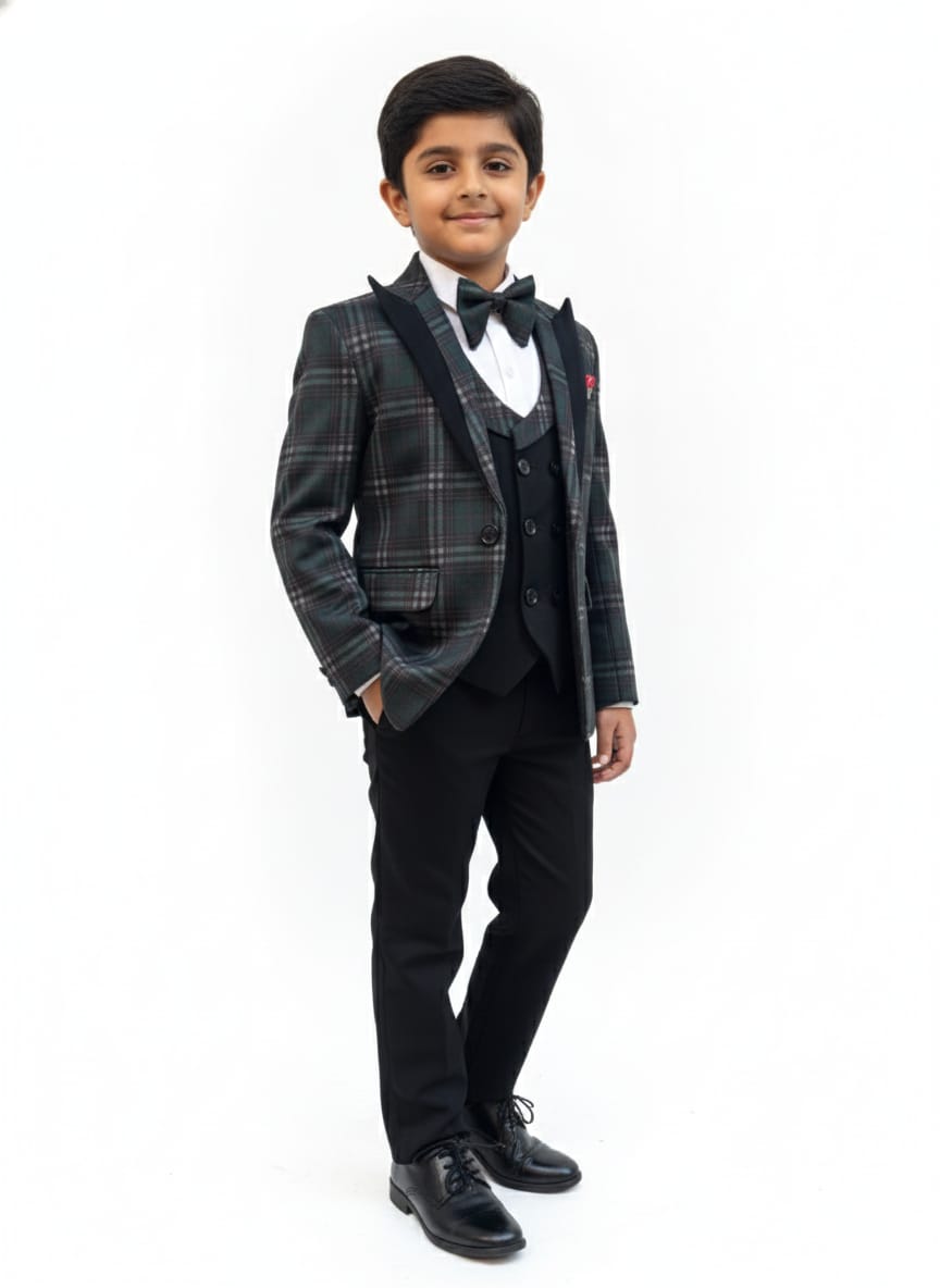 LYCRA CHECKS SUIT DESIGNER WAIST COAT 5 PCS SUIT