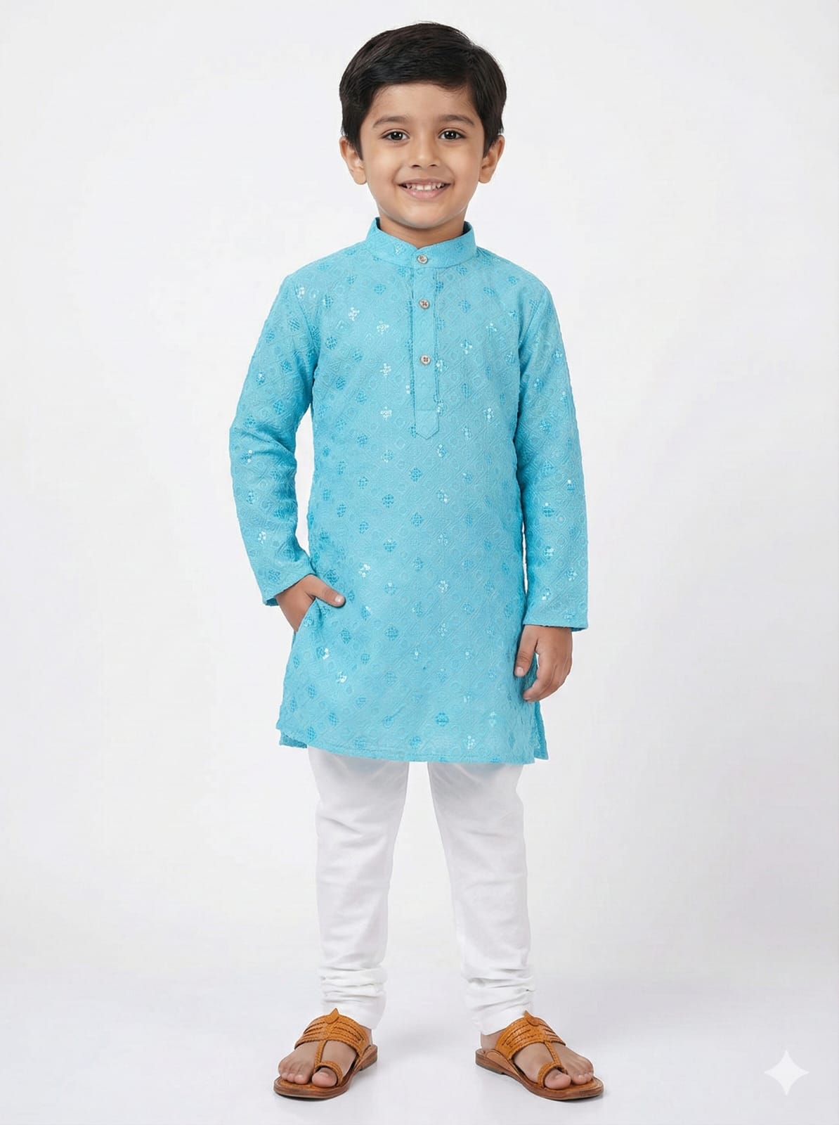 BOYS SKY BLUE RAYON SCHIFFLI KURTA AND PANT SET