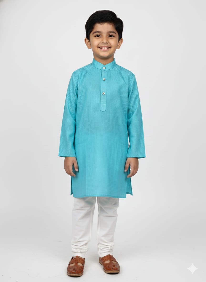 SKY BLUE SELF TEXTURE COTTON KURTA PANT SET FOR BOYS