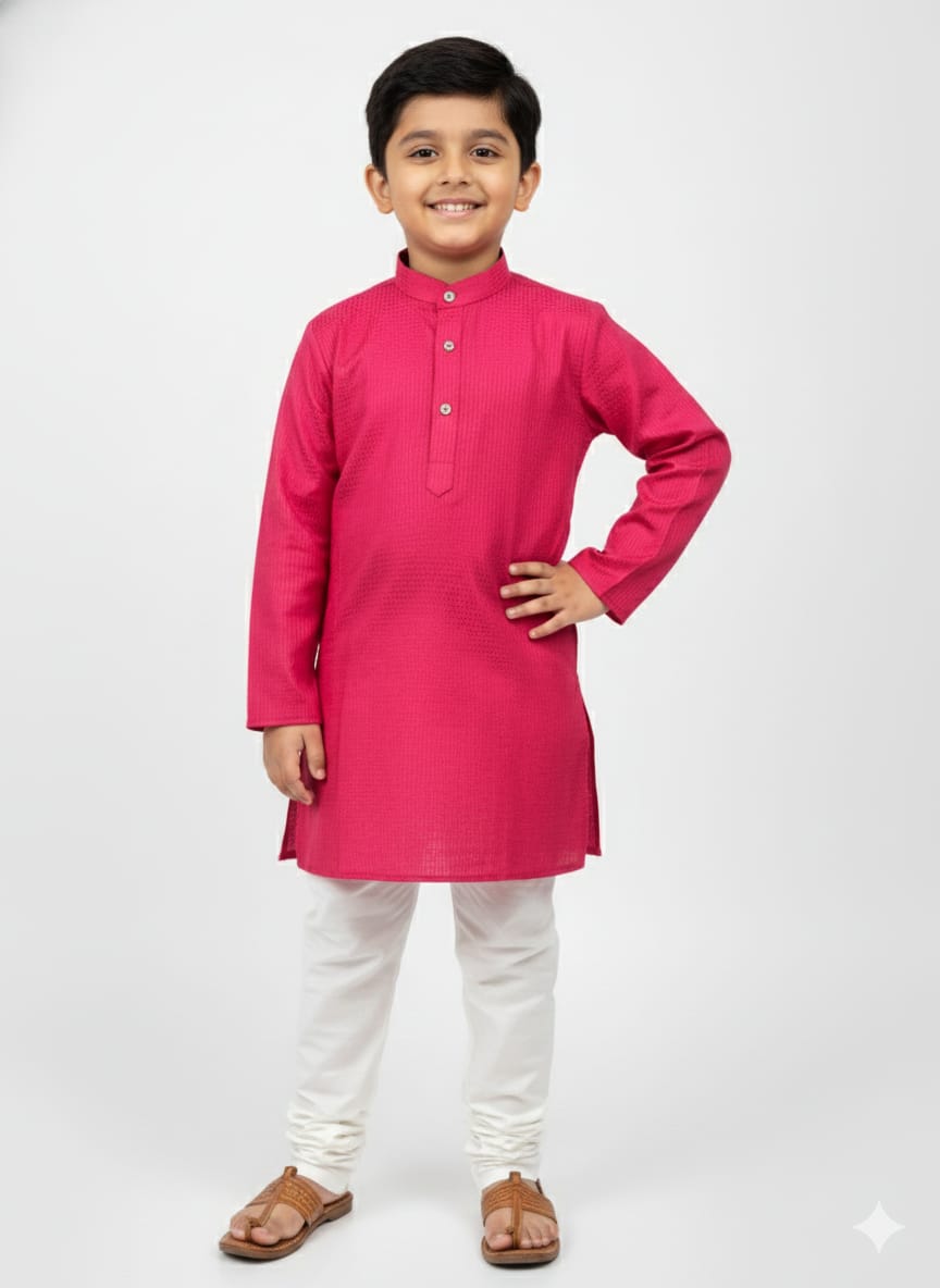 FUSIA PINK SELF TEXTURE COTTON KURTA PANT SET FOR BOYS