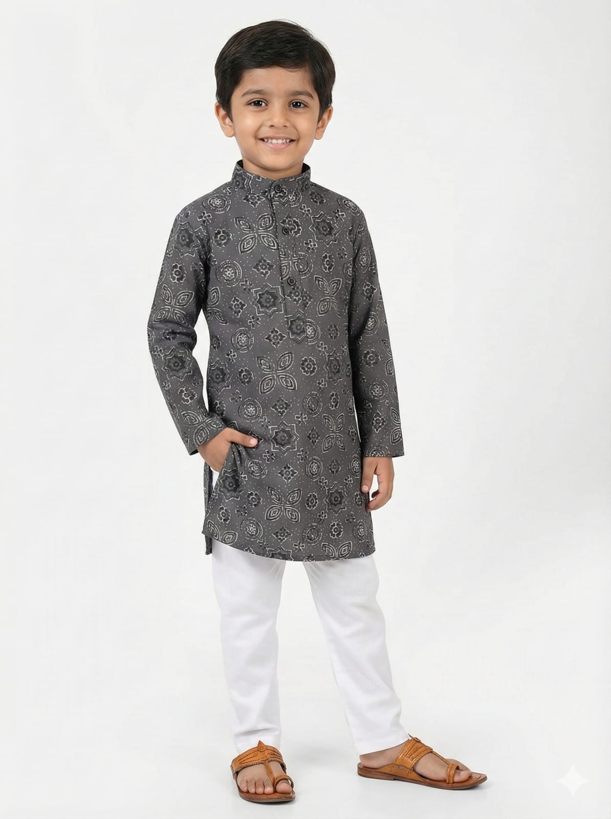 GRAY SHIRTING COTTON KURTA PANT SET FOR BOYS
