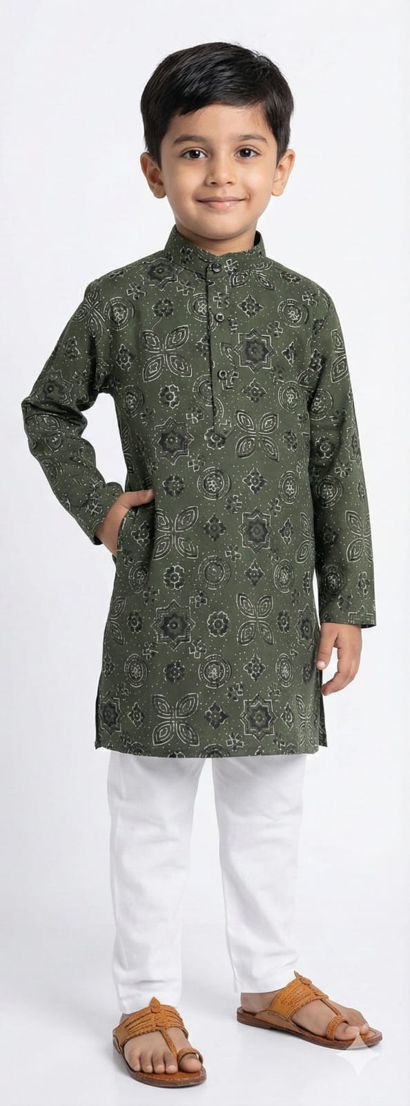 GREEN SHIRTING COTTON KURTA PANT SET FOR BOYS