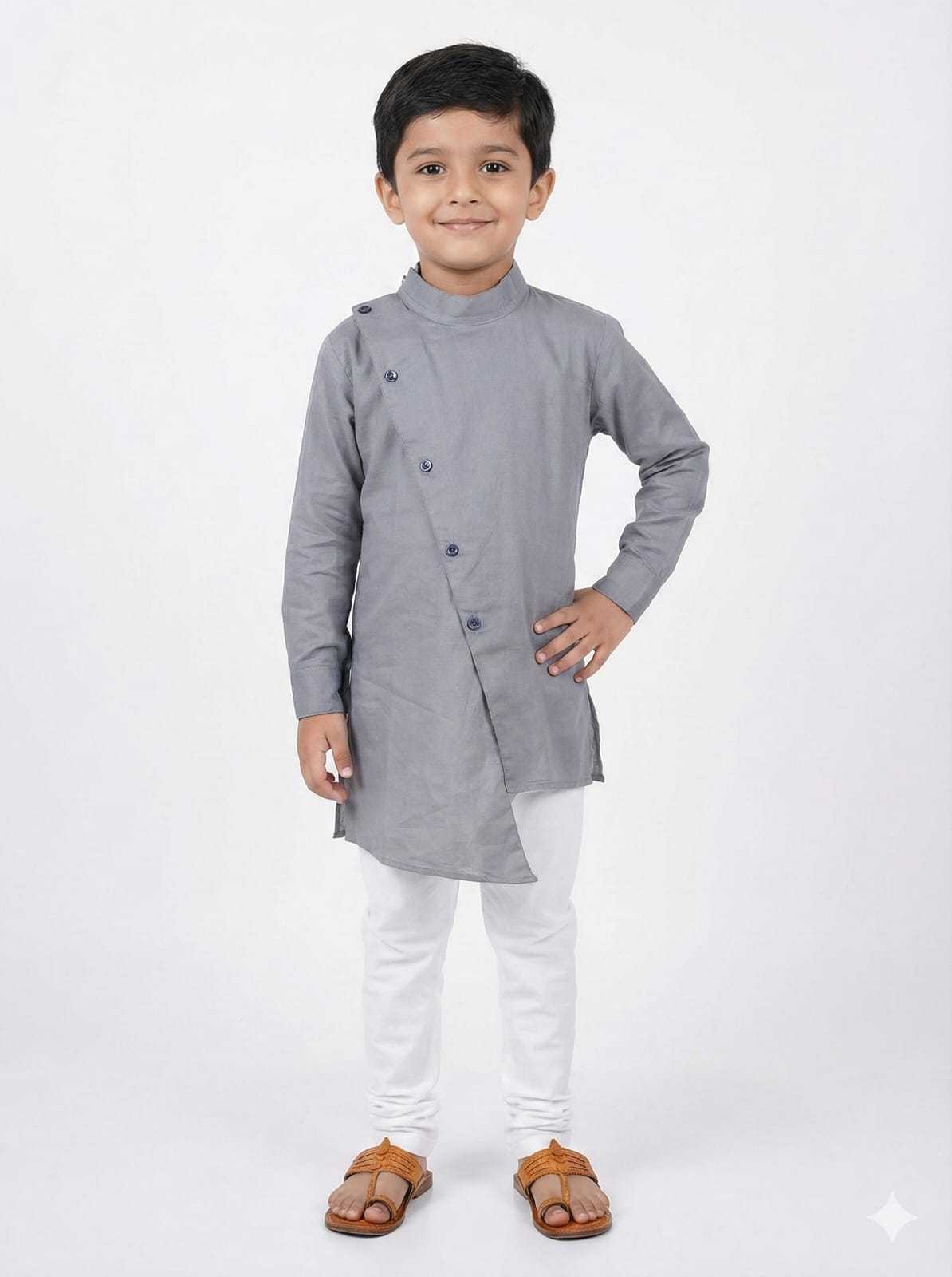 Child wearing a gray kurta with white pants on a white background