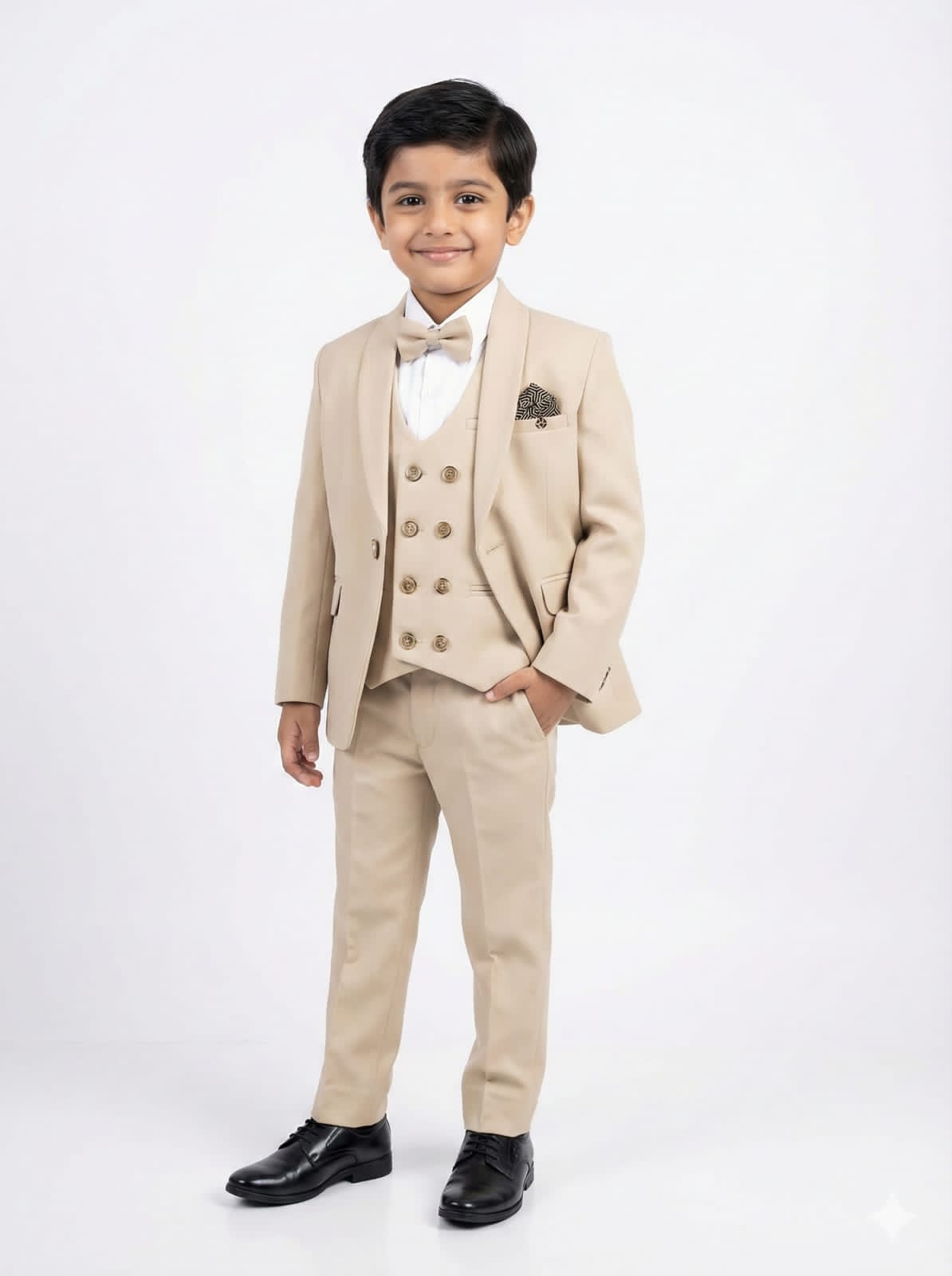 Young boy wearing a beige suit with a white shirt and bow tie on a white background