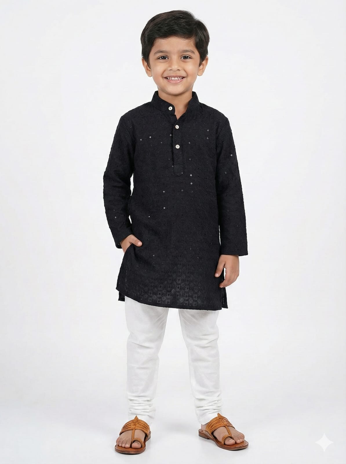 Young boy wearing a black kurta with white pants on a white background