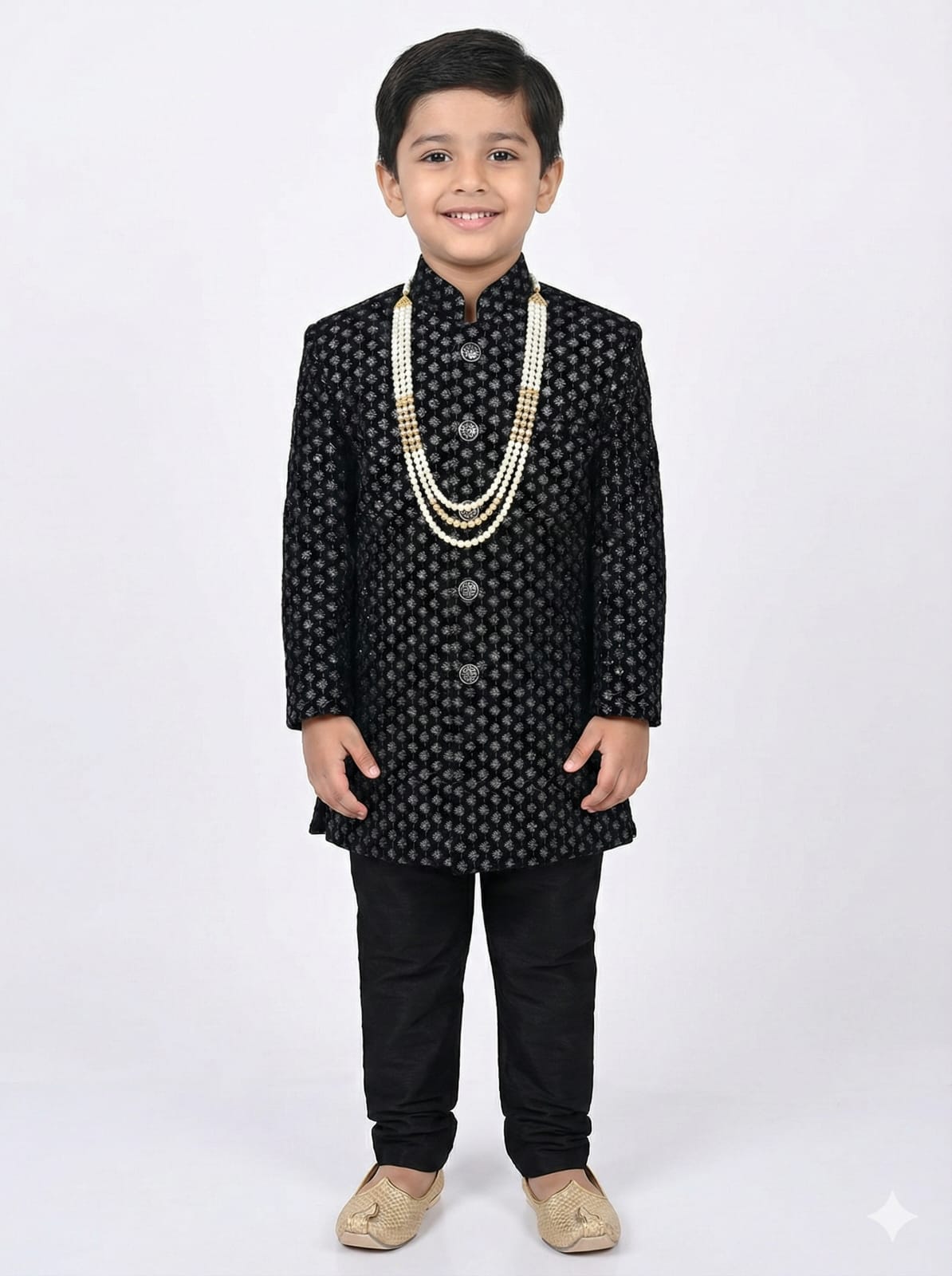 Young boy wearing a black traditional outfit with a white background