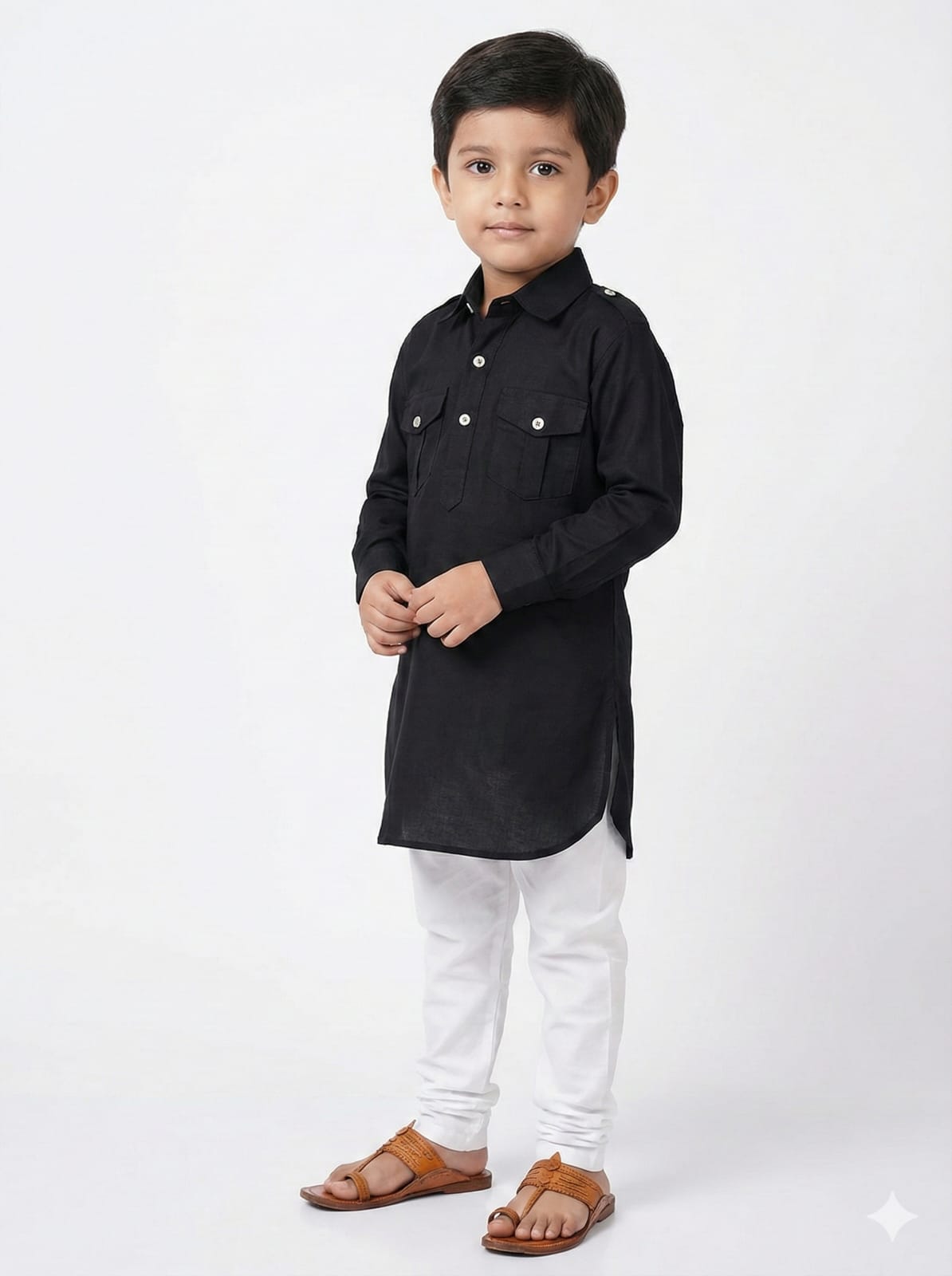 Young boy wearing a black kurta with white pants on a white background