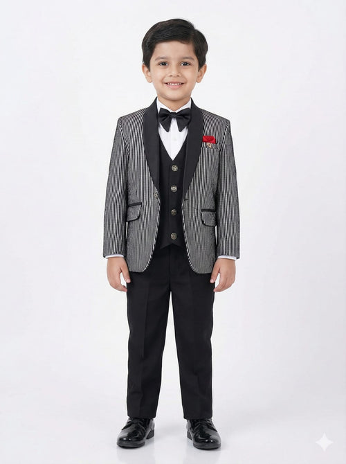 Young boy in a formal suit with a white shirt and black bow tie on a white background
