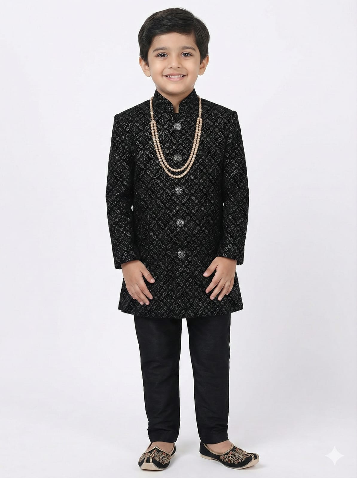 Young boy wearing a black traditional outfit with a white background