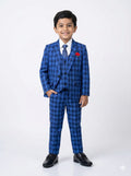 Young boy wearing a blue checkered suit with a red pocket square on a white background