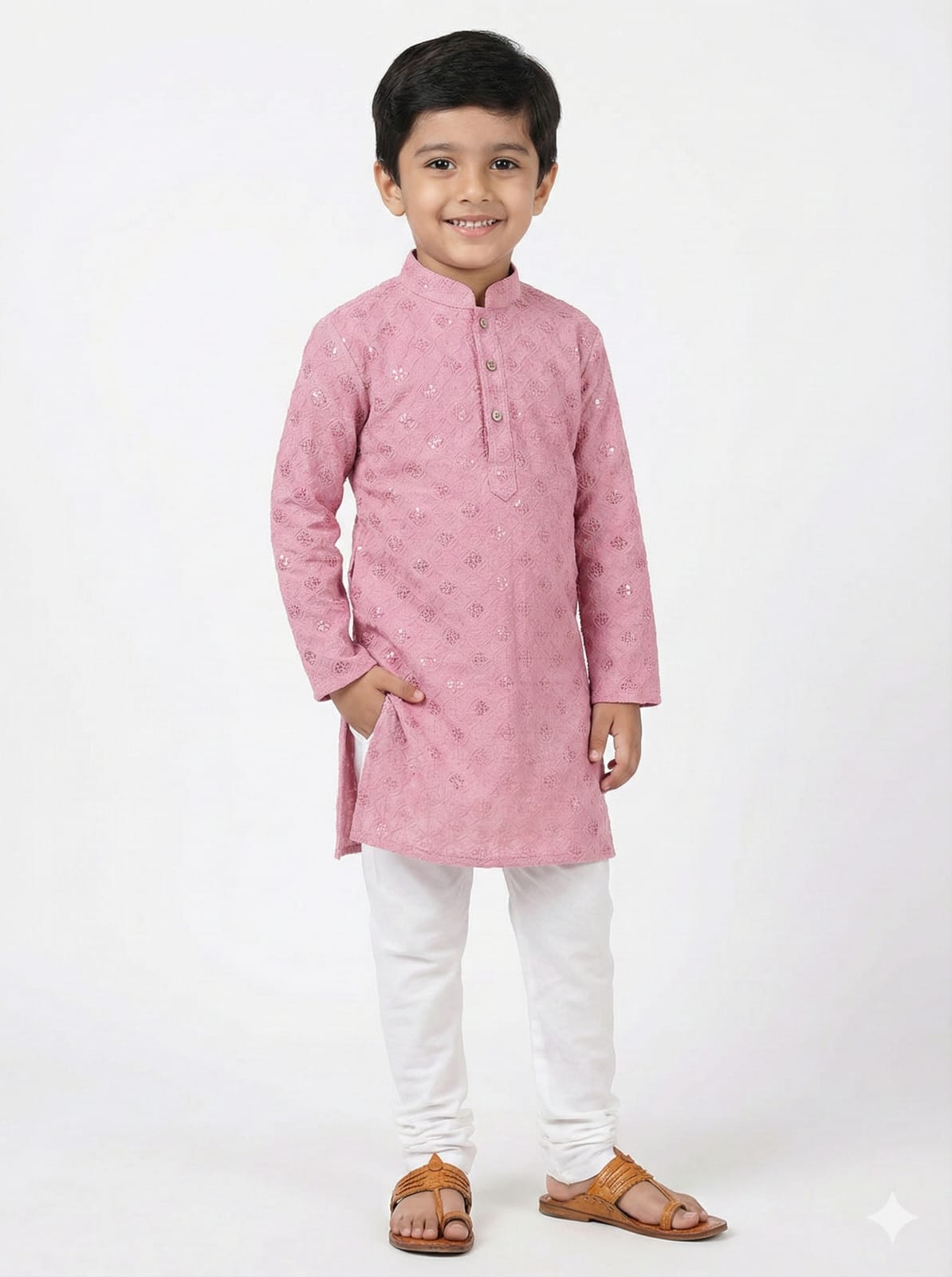 Child wearing a pink kurta with white pants on a white background