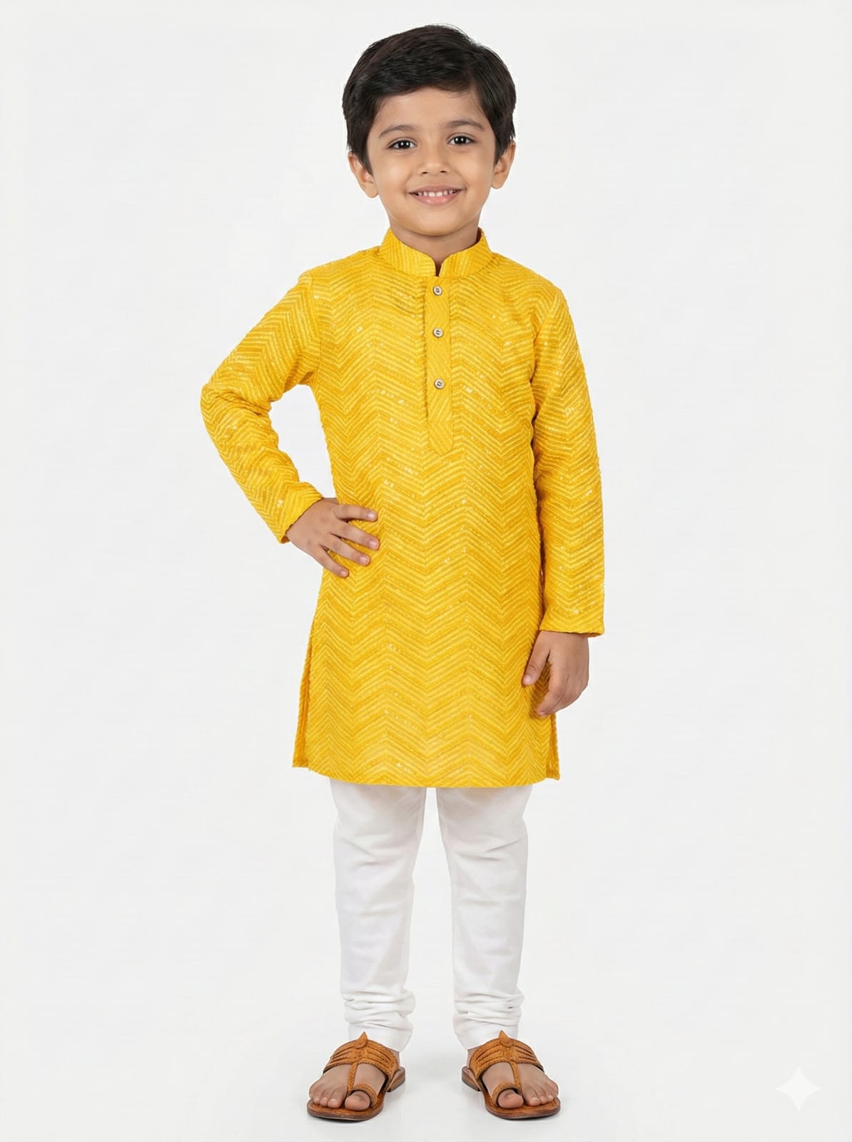 Child wearing a yellow kurta with white pants on a white background