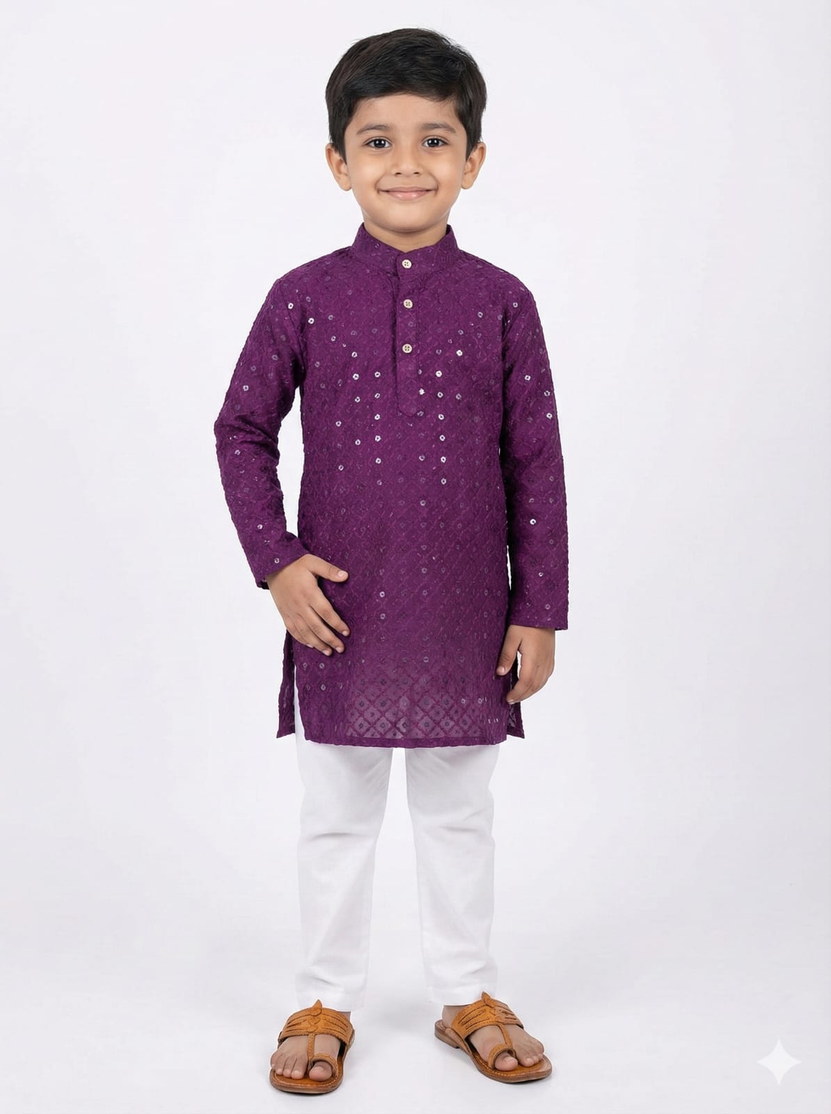Child wearing a purple kurta with white pants on a white background