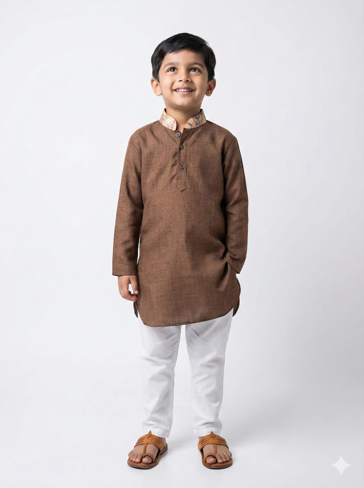 Young boy wearing a brown kurta with white pants on a white background