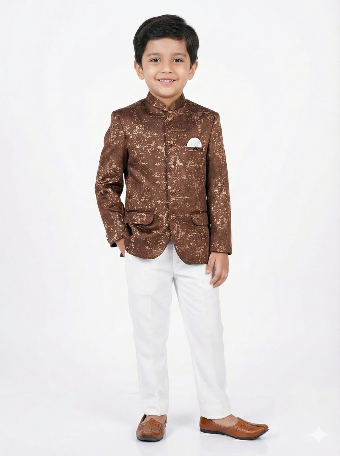 Young boy wearing a brown traditional jacket with white pants on a white background