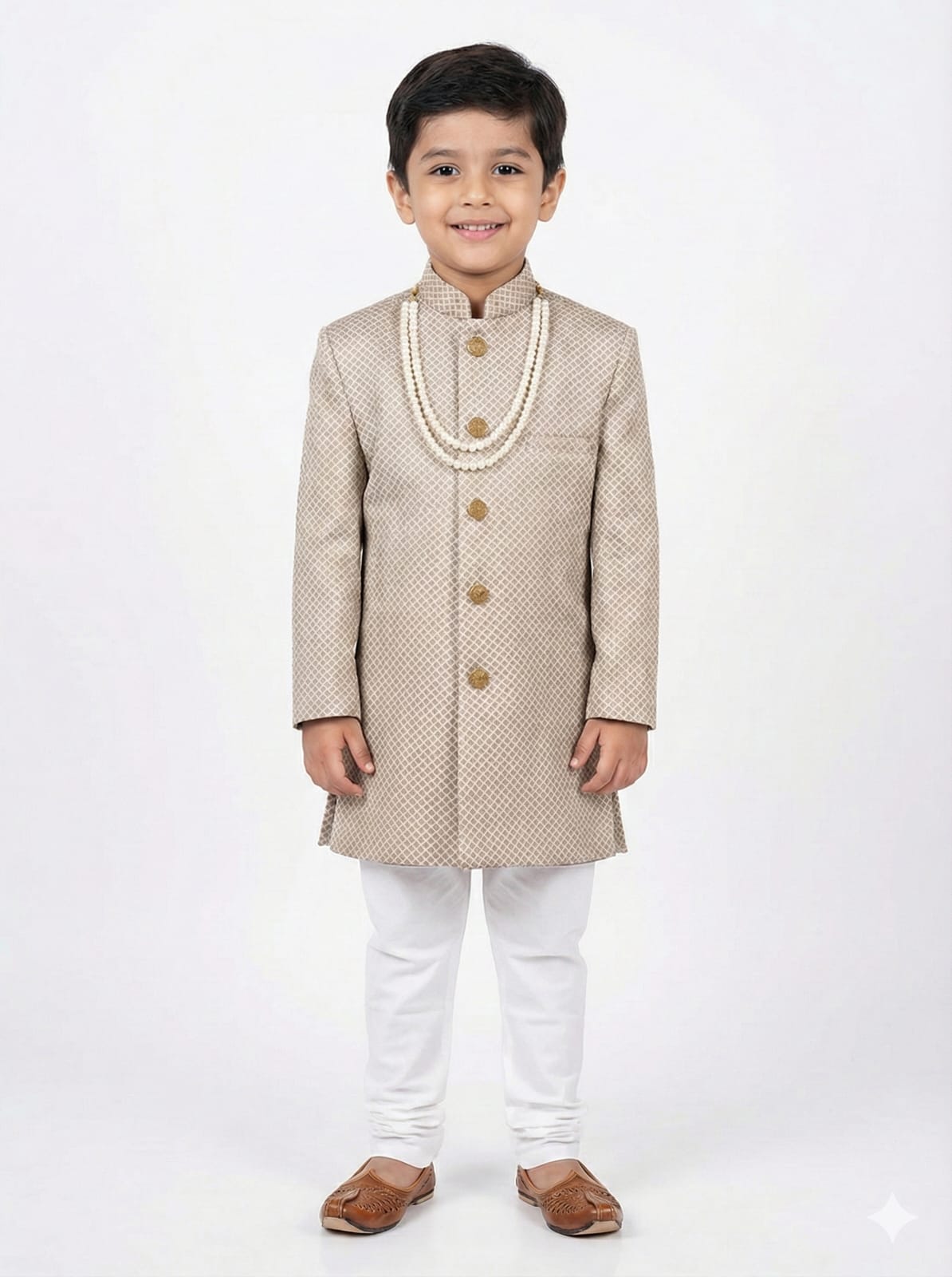 Young boy wearing a beige traditional sherwani with white pants on a light gray background