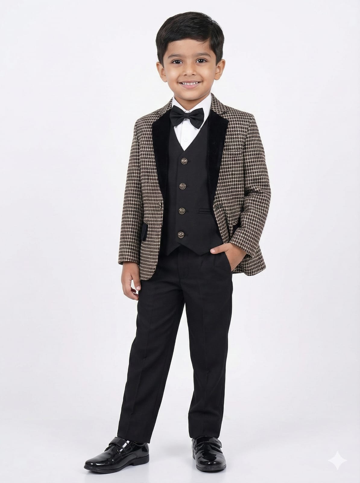 Young boy wearing a formal suit with a bow tie on a white background