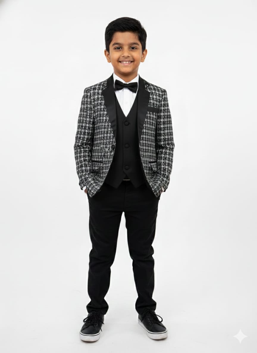 Young boy in a formal black and gray checkered suit with a bow tie on a white background