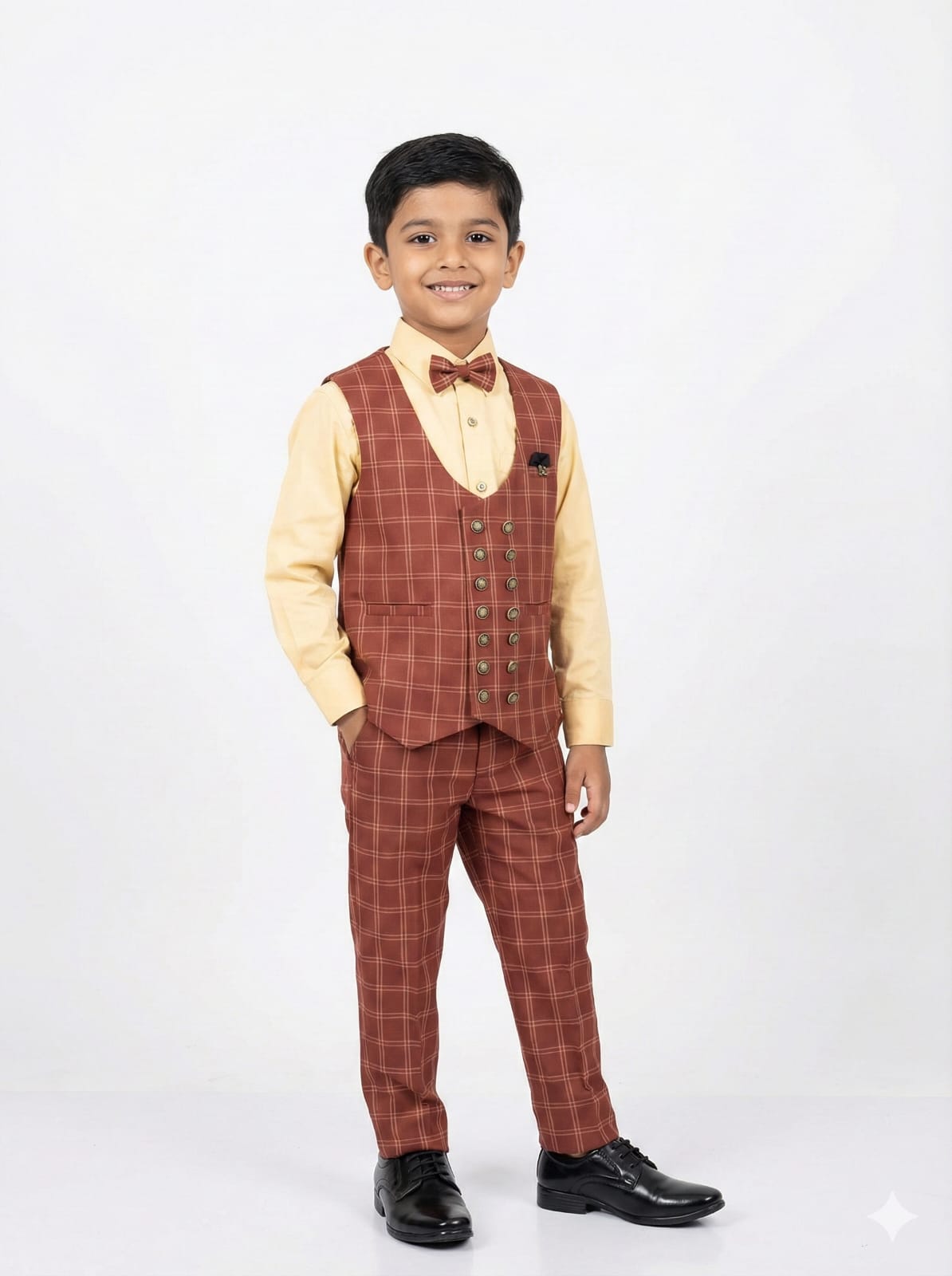 Young boy wearing a brown checkered suit with a yellow shirt and bow tie on a white background