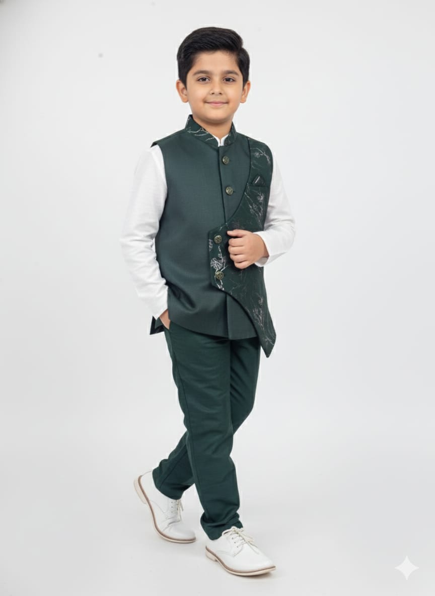 Young boy wearing a green vest and pants set on a white background