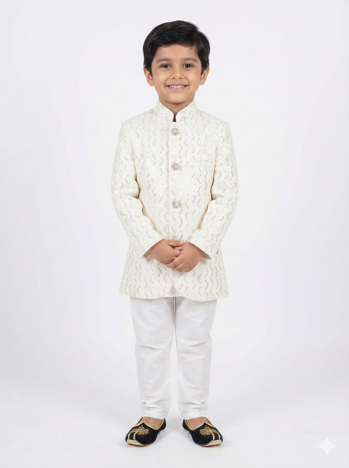 Young boy wearing a traditional white embroidered jacket and pants on a white background