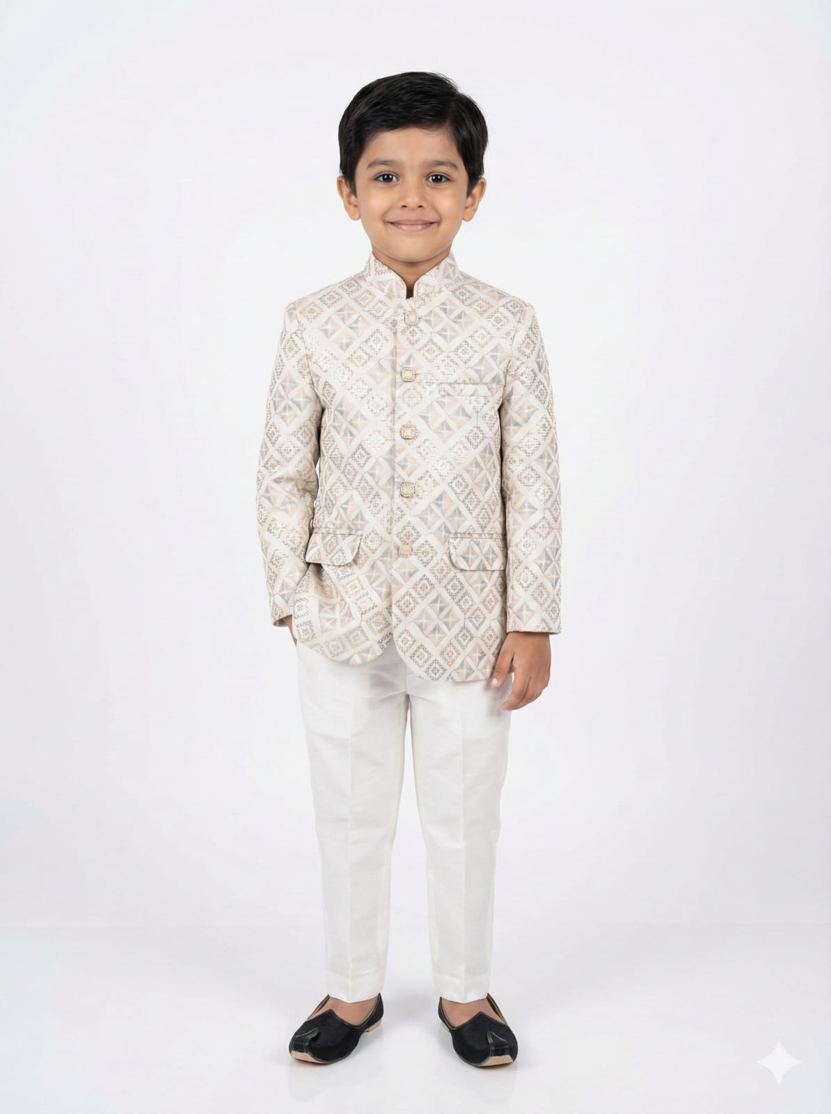 Young boy wearing a traditional cream-colored sherwani on a white background
