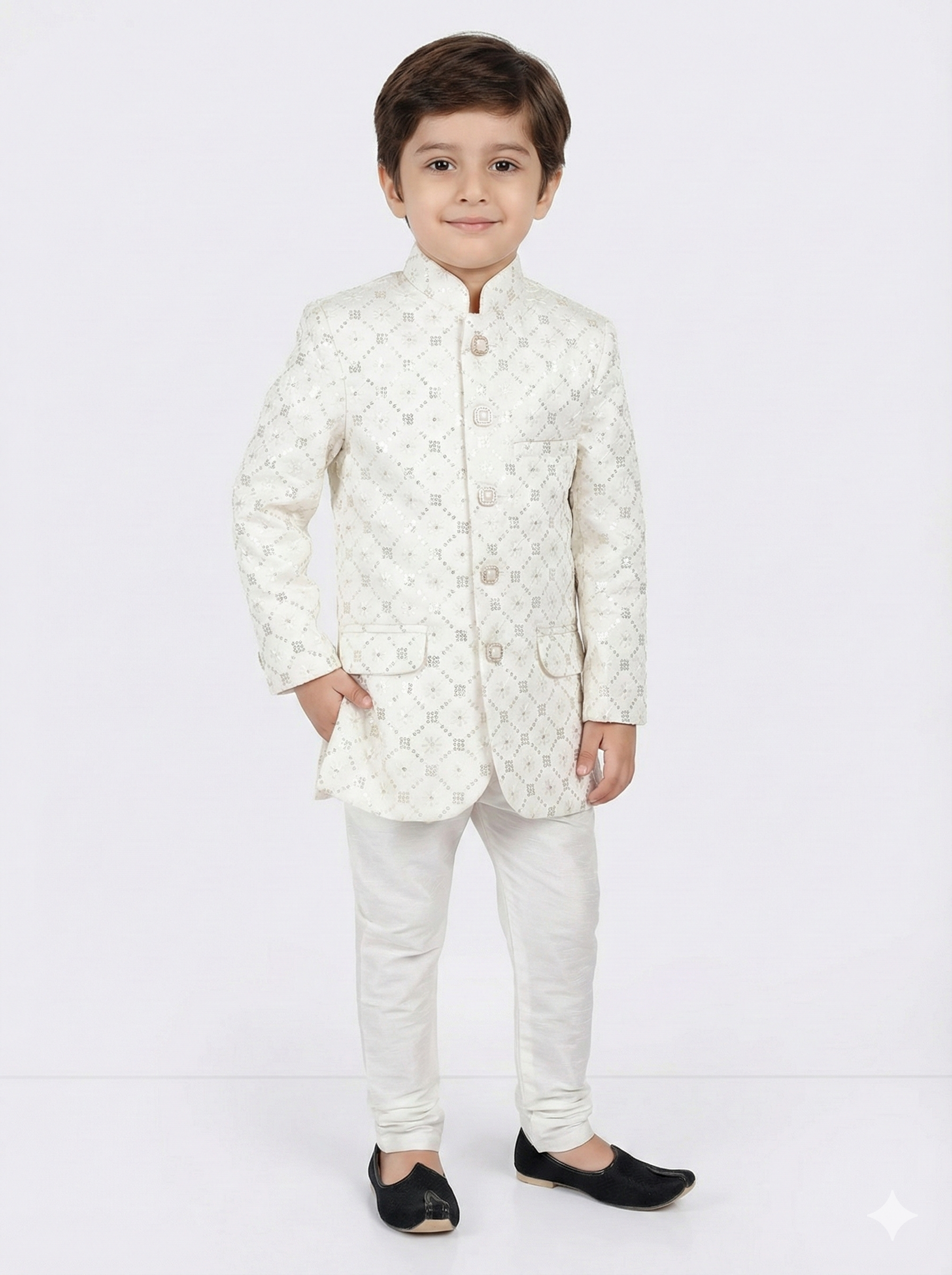 Child wearing a white traditional outfit on a light gray background