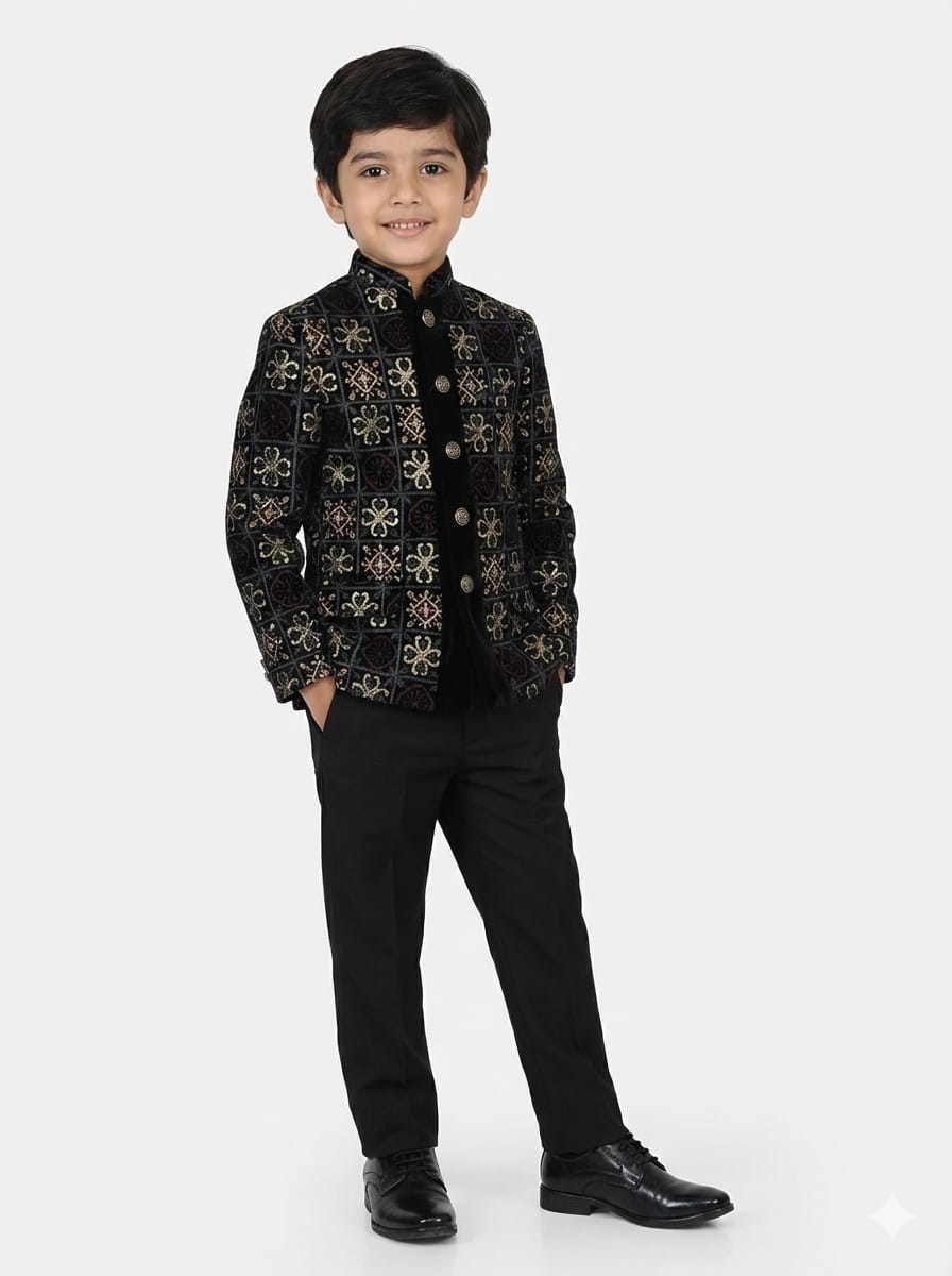 Child wearing a black patterned jacket and black pants on a white background
