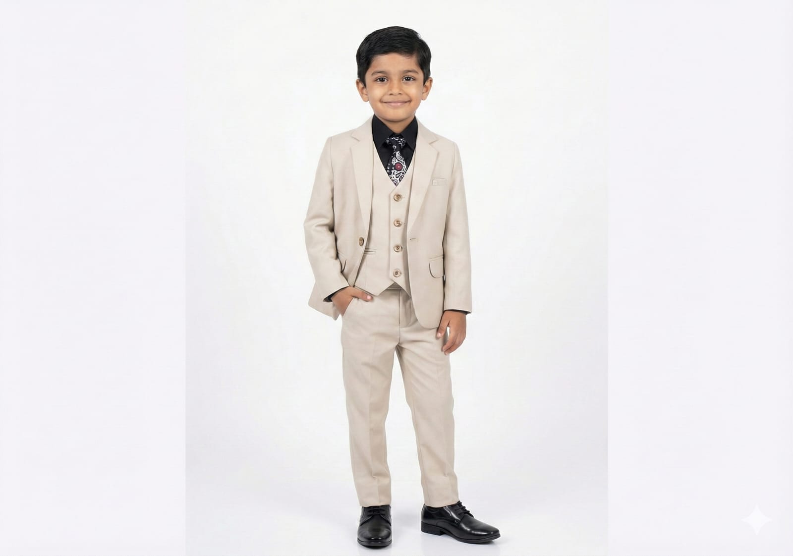 Young boy wearing a beige suit with a white background