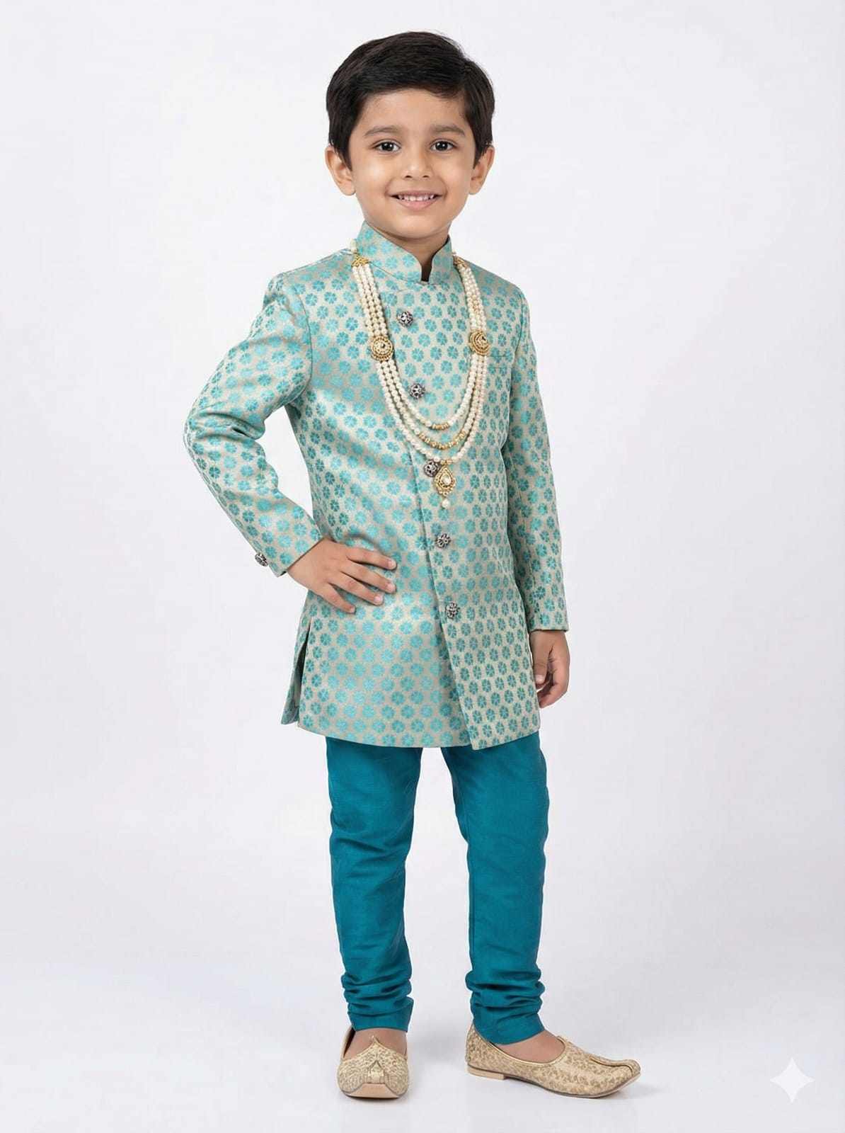 Child wearing a traditional green and blue sherwani with gold jewelry on a white background