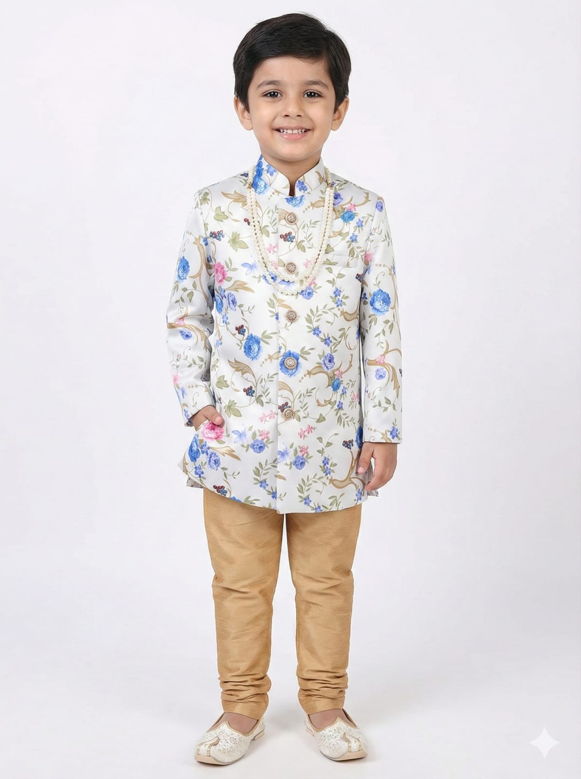 Child wearing a floral kurta with beige pants on a white background