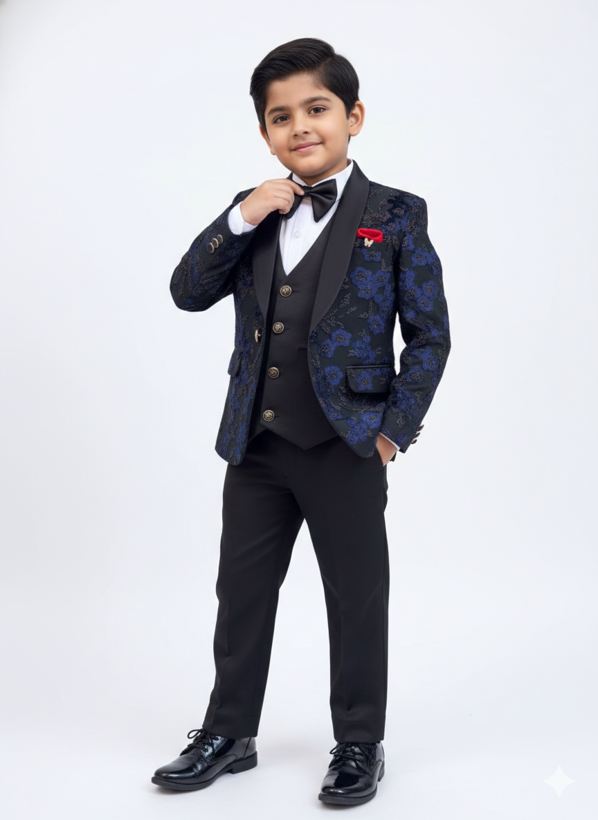 Young boy in a formal black and blue suit with a white shirt and bow tie on a white background