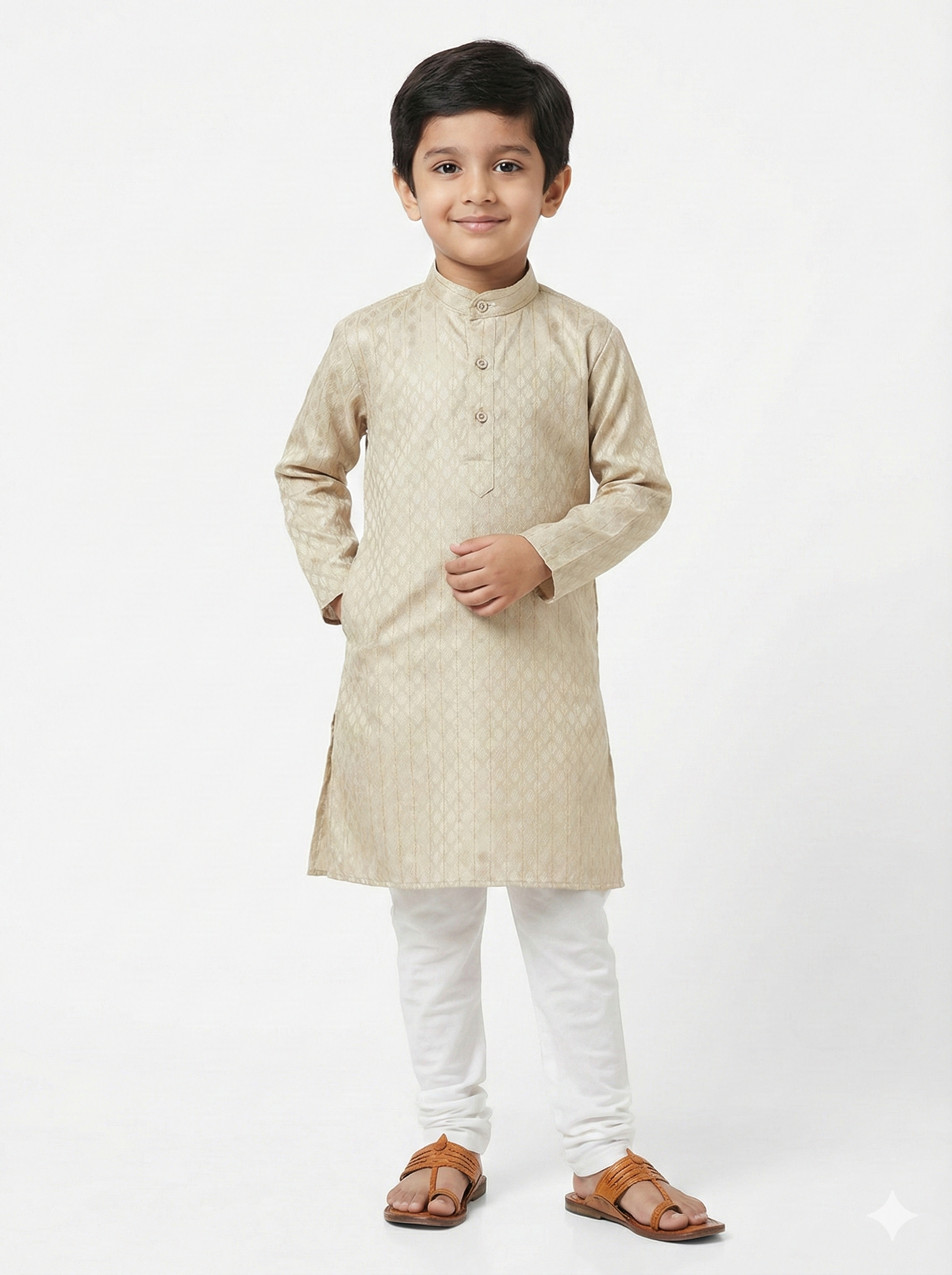 Young boy wearing a beige kurta with white pants on a white background