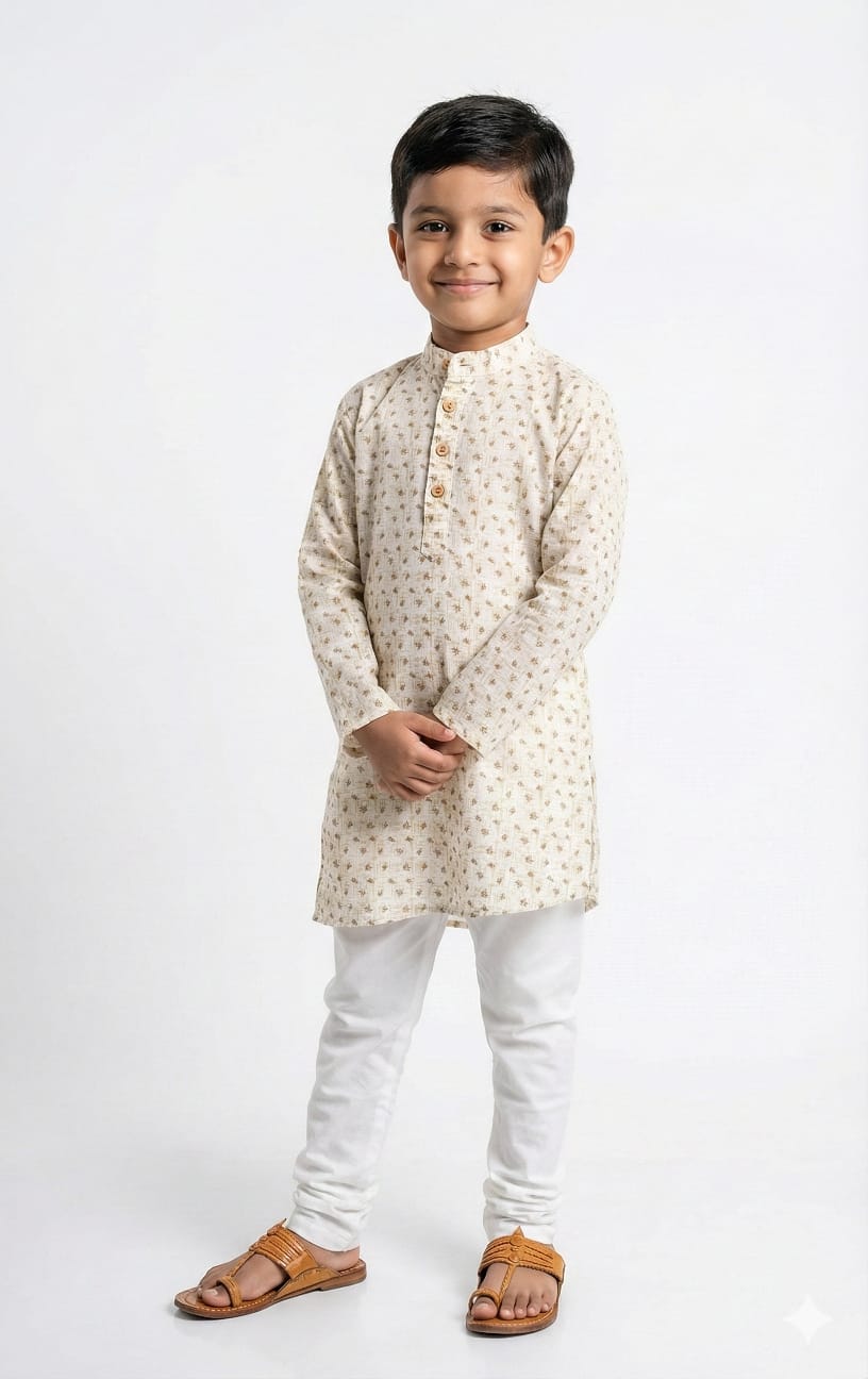 Young boy wearing a cream kurta with white pants on a white background