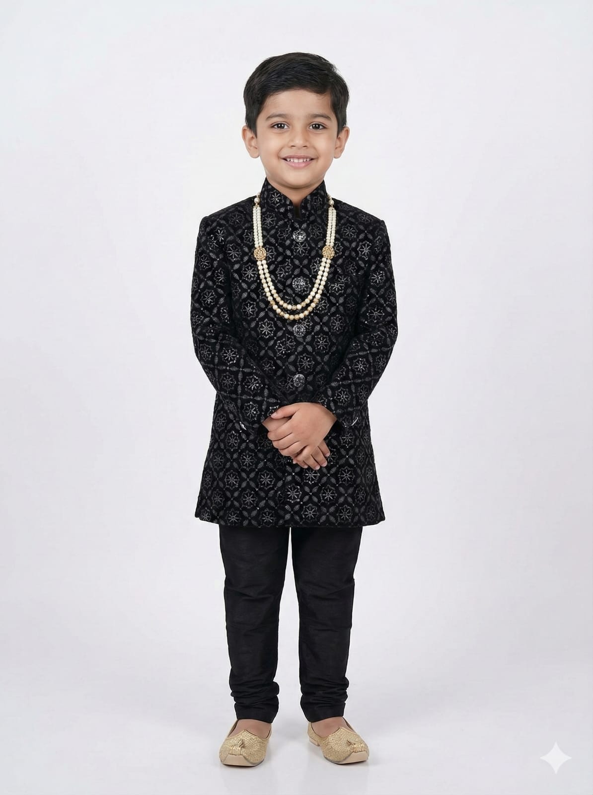 Child wearing a black traditional outfit with a white background
