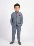 Young boy wearing a gray suit with a red flower on a white background
