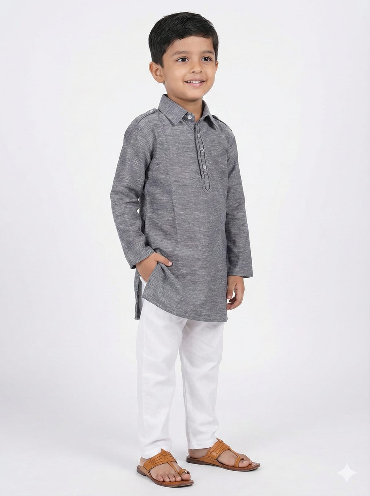 Young boy wearing a gray kurta with white pants on a white background