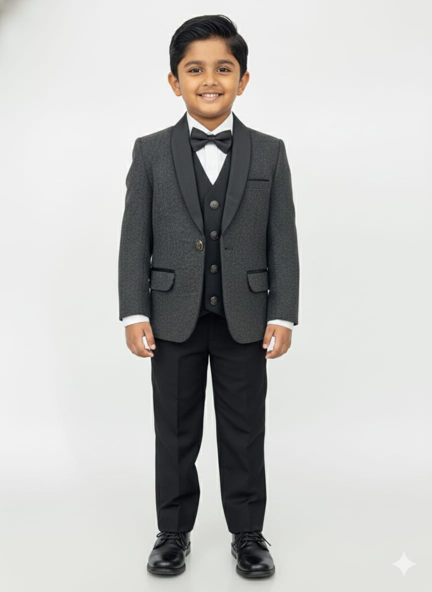 Young boy wearing a gray suit with a bow tie on a white background